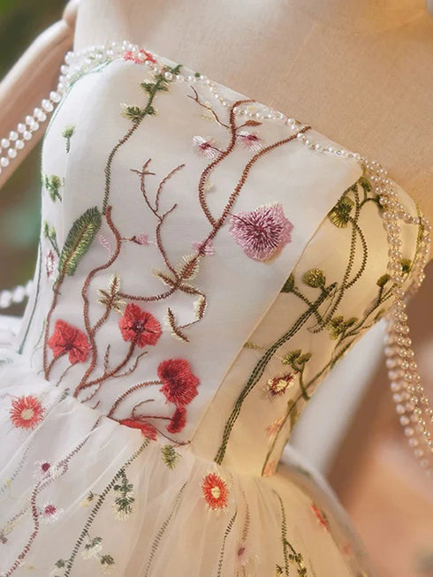 Ivory Tulle Knee Length Scoop Short Party Dress, Ivory Floral Lace Applique Homecoming Dress